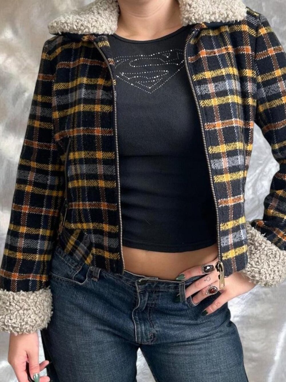 EDC multi coloured plaid jacket with furry wool trim ⭐️ size M  amazing indie